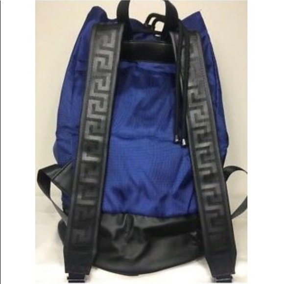 blue and black versace backpack